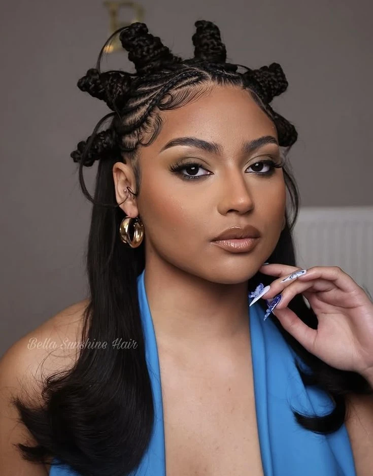 Bantu Knots avec fines tresses sur le dessus et longues mèches noires lisses, look half-up half-down