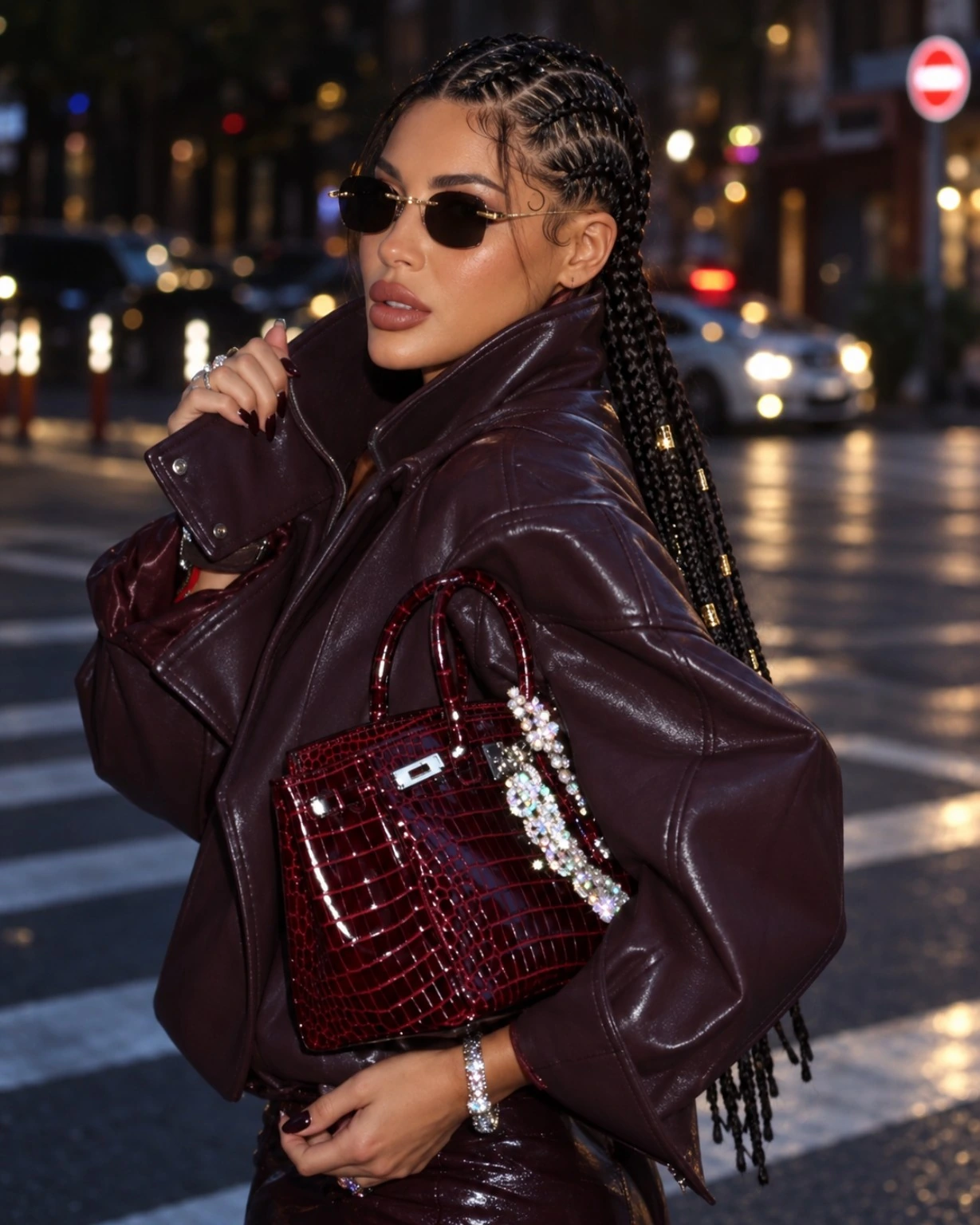 Mannequin aux tresses ornées de perles dorées, veste bordeaux et sac assorti, en ville le soir