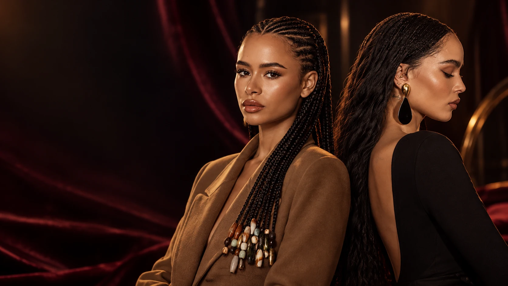 Deux mannequins dos à dos : Fulani braids ornées de perles et fines tresses Zoë Kravitz, ambiance noir et bordeaux