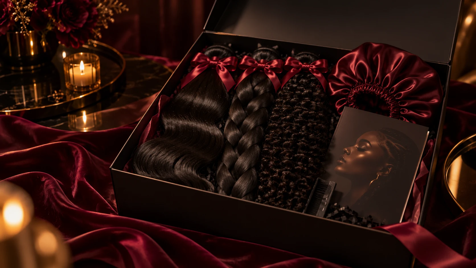 Illustration éditoriale d’une box de mèches coiffure sur velours bordeaux