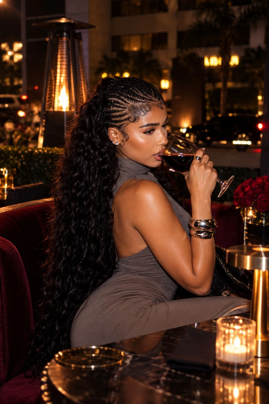 Mannequin aux tresses plaquées et longues boucles, dégustant un verre de vin dans un lounge le soir