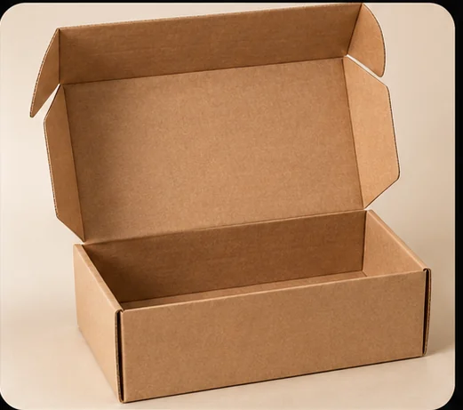 Boîte d’expédition en carton kraft entièrement marron, ouverte et vide