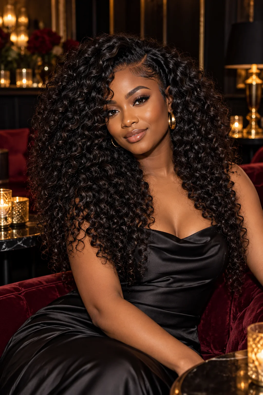 Crochet Braids femme noires, boucles naturelles Kinky Curly volumineuses, portrait soirée Braids Goddess