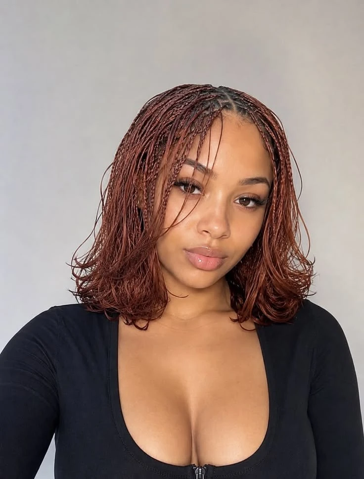 French Curl Braids courtes cuivre auburn en carré avec fines tresses et pointes recourbées