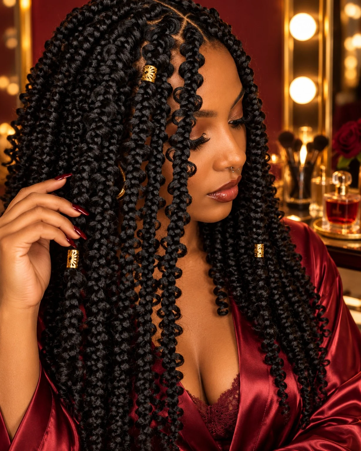 Jungle Braids noires 1B avec boucles en relief, modèle en préparation de soirée devant un miroir éclairé