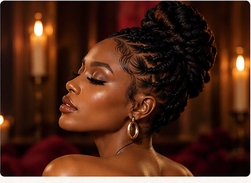 Barrel Twist femme en chignon haut torsadé avec boucles sur le front, éclairage doré