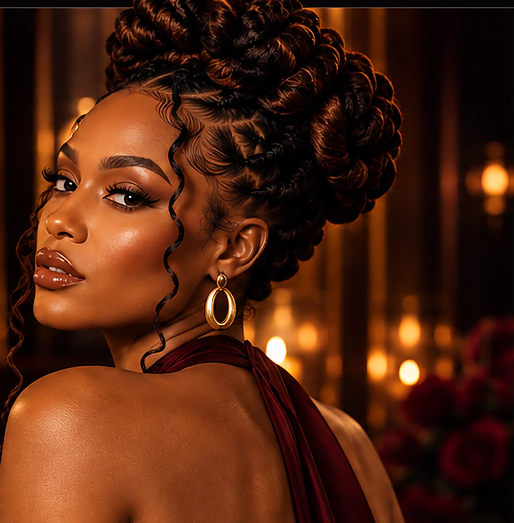 Barrel Twist femme en chignon haut sculpté sur cheveux afro, portrait de soirée Braids Goddess
