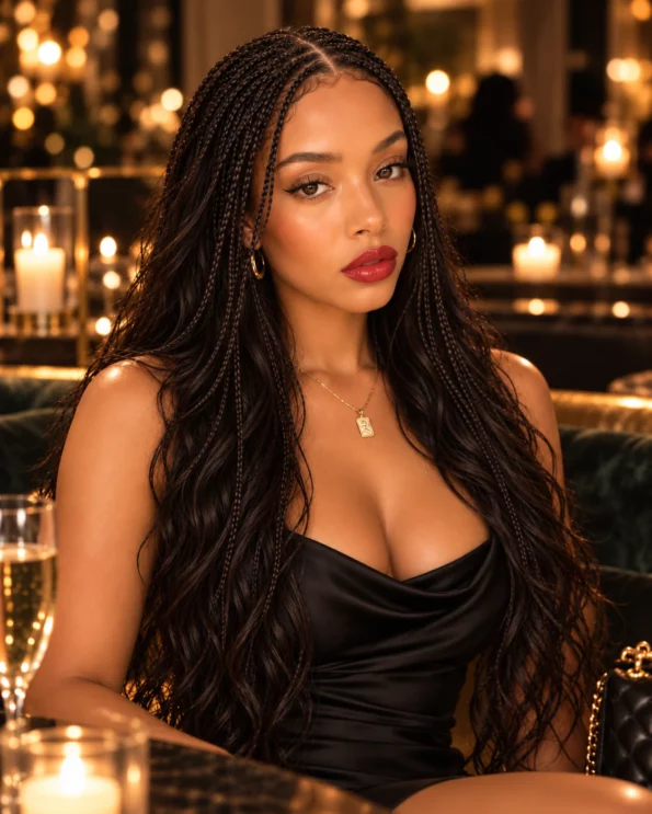 Box Zoë Kravitz Braids 1B : tresses fines devant et tissage Body Wave 20 pouces en soirée