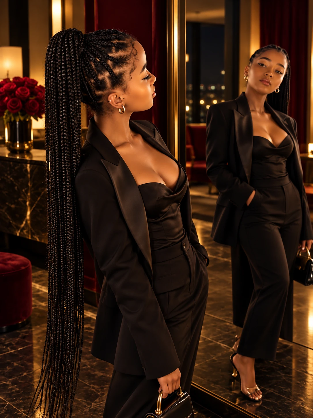 Knotless Braids femme noires très longues attachées en queue haute, style soirée