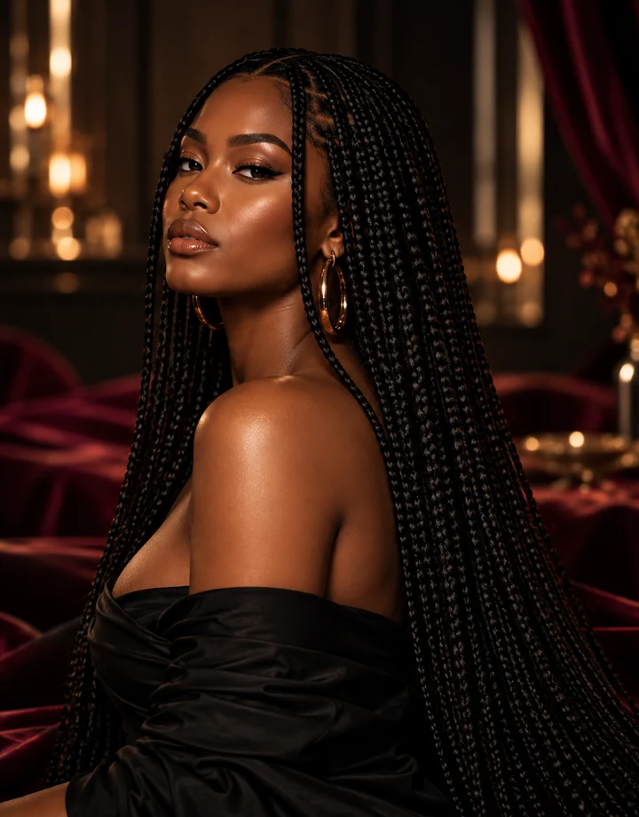 Knotless Braids femme medium noires longues avec départ plat, inspiration coiffure de soirée